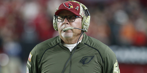 Arizona Cardinals head coach Bruce Arians watches during the second half of an NFL football game ag...