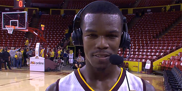 ASU guard Gerry Blakes speaks to Pac-12 Network after scoring 22 points in an 83-74 win over Belmon...