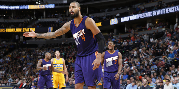 Phoenix Suns center Tyson Chandler argues with referees after being called for a foul against the D...