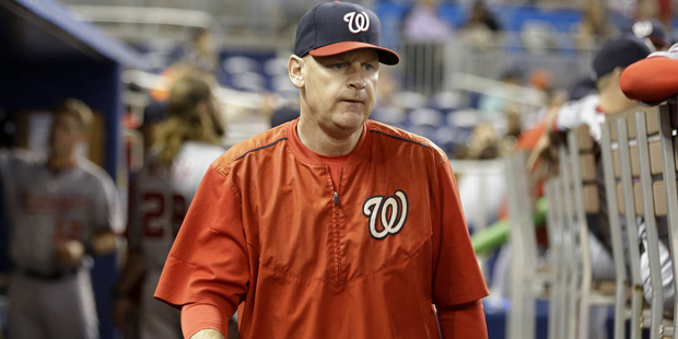 In this photo taken Sept. 13, 2015, Washington Nationals manager Matt Williams walks in the dugout ...