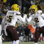 Arizona State wide receiver Devin Lucien (15) and quarterback Mike Bercovici (2) celebrate after connecting on a touchdown pass against California during the first half of an NCAA college football game in Berkeley, Calif., Saturday, Nov. 28, 2015. (AP Photo/Jeff Chiu)