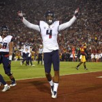 Arizona wide receiver David Richards celebrates after making a touchdown catch during the first half of an NCAA college football game against Southern California, Saturday, Nov. 7, 2015, in Los Angeles. (AP Photo/Mark J. Terrill)