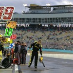 A pit crew member for Carl Edwards uses a leaf blower to dry the team's pit stall at the NASCAR Sprint Cup Series auto race at Phoenix International Raceway, Sunday, Nov. 15, 2015, in Avondale, Ariz. (AP Photo/Ralph Freso)