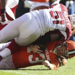 Cleveland Browns quarterback Josh McCown (13) is tackled by Arizona Cardinals middle linebacker Kevin Minter (51) in the first half of an NFL football game, Sunday, Nov. 1, 2015, in Cleveland. (AP Photo/Ron Schwane)