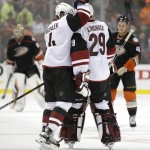 Arizona Coyotes goalie Anders Lindback, right, of Sweden, and Zbynek Michalek, of the Czech Republic, celebrate their team's 4-3 overtime win against the Anaheim Ducks in an NHL hockey game, Monday, Nov. 9, 2015, in Anaheim, Calif. (AP Photo/Jae C. Hong)