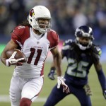 Arizona Cardinals wide receiver Larry Fitzgerald (11) runs the ball as Seattle Seahawks cornerback Richard Sherman (25) watches during the first half of an NFL football game, Sunday, Nov. 15, 2015, in Seattle. (AP Photo/Stephen Brashear)