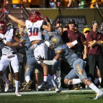 Arizona safety Johnny Jackson (30) can't make the catch as Arizona State safety James Johnson (18) defends during the first half of an NCAA college football game, Saturday, Nov. 21, 2015, in Tempe, Ariz. (AP Photo/Matt York)