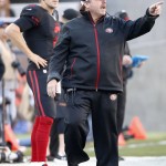 San Francisco 49ers head coach Jim Tomsula, right, gestures in front of quarterback Blaine Gabbert (2) during the first half of an NFL football game against the Arizona Cardinals in Santa Clara, Calif., Sunday, Nov. 29, 2015. (AP Photo/Tony Avelar)