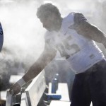 Washington's Jarett Finau gets hit with the misting machine's moisture on the team bench during the first half of an NCAA college football game against Arizona State Saturday, Nov. 14, 2015, in Tempe, Ariz. (AP Photo/Ross D. Franklin)