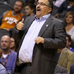 Detroit Pistons head coach Stan Van Gundy yells out a play against the Phoenix Suns in the second quarter during an NBA basketball game, Friday, Nov. 6, 2015, in Phoenix. (AP Photo/Rick Scuteri)