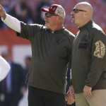 Arizona Cardinals head coach Bruce Arians, left, and Cleveland Browns head coach Mike Pettine talk before an NFL football game between the teams, Sunday, Nov. 1, 2015, in Cleveland. (AP Photo/Ron Schwane)