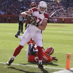 Arizona Cardinals tight end Troy Niklas (87) scores after an 11-yard touchdown pass in the first half of an NFL football game against the Cleveland Browns, Sunday, Nov. 1, 2015, in Cleveland. (AP Photo/Ron Schwane)