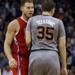 Los Angeles Clippers forward Blake Griffin and Phoenix Suns forward Mirza Teletovic (35) talk to each other during the second quarter of an NBA basketball game, Thursday, Nov. 12, 2015, in Phoenix. (AP Photo/Rick Scuteri)