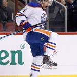 Edmonton Oilers' Taylor Hall celebrates his goal against the Arizona Coyotes during the first period of an NHL hockey game Thursday, Nov. 12, 2015, in Glendale, Ariz. (AP Photo/Ross D. Franklin)