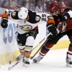 Anaheim Ducks' Mike Santorelli (25) tries to keep the puck away from Arizona Coyotes' Zbynek Michalek, right, of the Czech Republic, during the first period of an NHL hockey game Wednesday, Nov. 25, 2015, in Glendale, Ariz. (AP Photo/Ross D. Franklin)