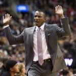 Toronto Raptors head coach Dwane Casey reacts to a referee's call during the second half of an NBA basketball game against the Phoenix Suns in Toronto on Sunday, Nov. 29, 2015. (Darren Calabrese/The Canadian Press via AP) MANDATORY CREDIT