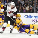 Los Angeles Kings defenseman Drew Doughty, right, grabs the stick of Arizona Coyotes center Martin Hanzal, of the Czech Republic, as he falls during the first period of an NHL hockey game, Tuesday, Nov. 10, 2015, in Los Angeles. (AP Photo/Mark J. Terrill)