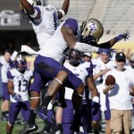 Washington's Darrell Daniels, right, celebrates his touchdown catch against Arizona State with Jaydon Mickens, left, during the first half of an NCAA college football game Saturday, Nov. 14, 2015, in Tempe, Ariz. (AP Photo/Ross D. Franklin)