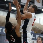 Arizona forward Ryan Anderson shoots over Santa Clara guard Jarvis Pugh during the first half of an NCAA college basketball game in the quarterfinals of the Wooden Legacy tournament in Fullerton, Calif., Thursday, Nov. 26, 2015. (AP Photo/Alex Gallardo)