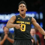 Arizona State guard Tra Holder (0) reacts after scoring against North Carolina State in the second half of an NCAA college basketball game in the Legends Classic semifinal Monday, Nov. 23, 2015, in New York. Arizona State defeated North Carolina State 79-76. (AP Photo/Kathy Willens)