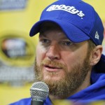 Sprint Cup Series driver Dale Earnhardt Jr. (88) speaks during a news conference prior to the Sprint Cup Auto race auto race at the Martinsville Speedway in Martinsville, Va., Sunday, Nov. 1, 2015.    (AP Photo/Steve Helber)