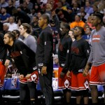 The Chicago Bulls bench watches the final seconds during the second half of an NBA basketball game against the Phoenix Suns, Wednesday, Nov. 18, 2015, in Phoenix. The Bulls won 103-97. (AP Photo/Matt York)