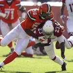 Arizona Cardinals running back Chris Johnson (23) fumbles the ball after being hit by Cleveland Browns linebacker Karlos Dansby (56) in the first half of an NFL football game, Sunday, Nov. 1, 2015, in Cleveland. (AP Photo/Ron Schwane)