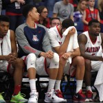 Members of Arizona sit on the bench in the closing seconds of the second half of an NCAA college basketball game at the Wooden Legacy tournament, Friday, Nov. 27, 2015, in Fullerton, Calif. Providence won 69-65. (AP Photo/Mark J. Terrill)