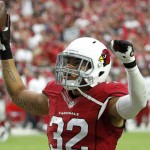 Arizona Cardinals free safety Tyrann Mathieu (32) celebrates his second interception of the game against the San Francisco 49ers during the first half of an NFL football game, Sunday, Sept. 27, 2015, in Glendale, Ariz.  (AP Photo/Ross D. Franklin)