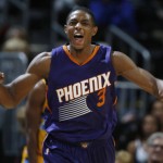 Phoenix Suns guard Brandon Knight celebrates after hitting a key basket against the Denver Nuggets late in the second half of an NBA basketball game Friday, Nov. 20, 2015, in Denver. Phoenix won 114-107. (AP Photo/David Zalubowski)