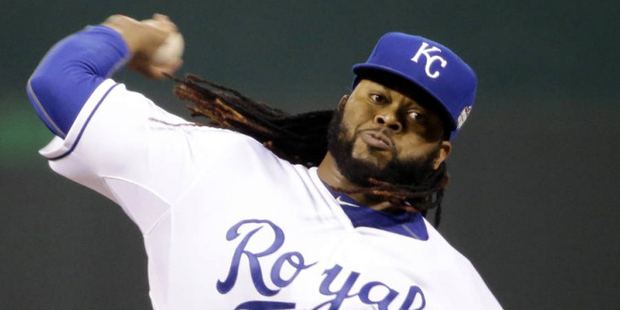 Kansas City Royals pitcher Johnny Cueto throws during the first inning of Game 2 of the Major Leagu...