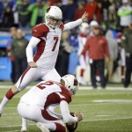 Arizona Cardinals kicker Chandler Catanzaro (7) kicks a field goal against the Seattle Seahawks as Drew Butler holds during the first half of an NFL football game, Sunday, Nov. 15, 2015, in Seattle. (AP Photo/Elaine Thompson)