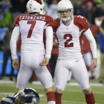 Arizona Cardinals kicker Chandler Catanzaro (7) and holder Drew Butler react after Catanzaro kicked a field goal during the second half of an NFL football game against the Seattle Seahawks, Sunday, Nov. 15, 2015, in Seattle. (AP Photo/Elaine Thompson)