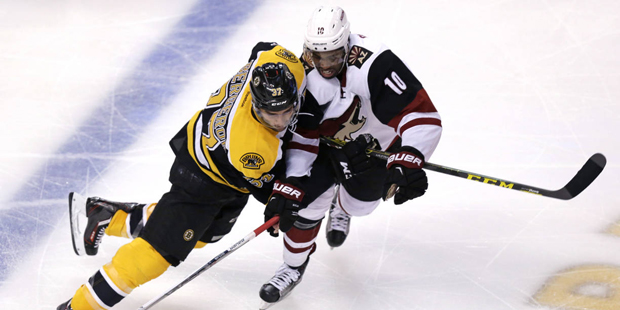 Boston Bruins center Patrice Bergeron, left, tries to keep Arizona Coyotes left wing Anthony Duclai...