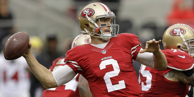 San Francisco 49ers quarterback Blaine Gabbert (2) passes against the Atlanta Falcons during the fi...
