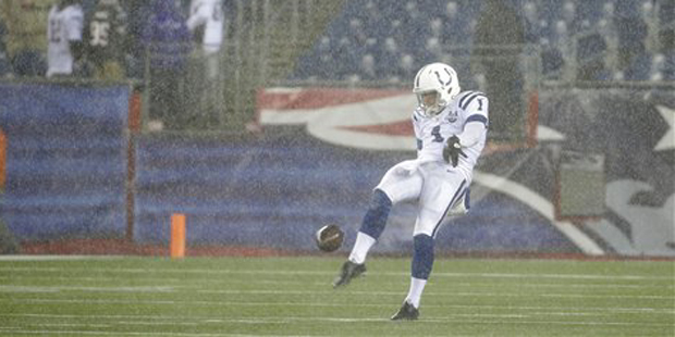 Indianapolis Colts punter Pat McAfee warms up in the rain before an AFC divisional NFL playoff foot...