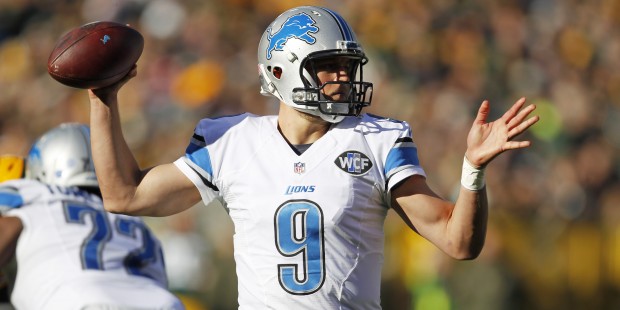 Detroit Lions quarterback Matthew Stafford throws during the second half of an NFL football game ag...