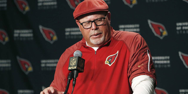 Arizona Cardinals head coach Bruce Arians speaks to the media during a news conference after an NFL football game against the Green Bay Packers Sunday, Dec. 27, 2015, in Glendale, Ariz.  The Cardinals defeated the Packers 38-8. (AP Photo/Rick Scuteri)