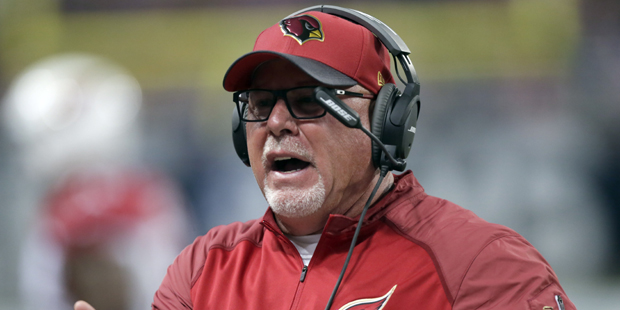 Arizona Cardinals head coach Bruce Arians watches from the sidelines during the second quarter of a...
