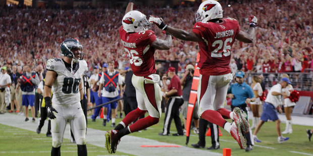 Arizona Cardinals free safety Rashad Johnson (26) and Deone Bucannon (36) celebrate their win after...