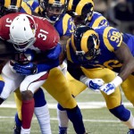 Arizona Cardinals running back David Johnson (31) is stopped by a host of St. Louis Rams defenders during the first quarter of an NFL football game on Sunday, Dec. 6, 2015, in St. Louis. (AP Photo/L.G. Patterson)