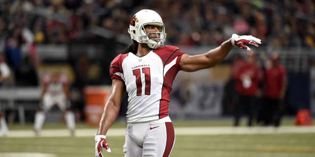 Arizona Cardinals wide receiver Larry Fitzgerald looks to the sidelines during the third quarter of...