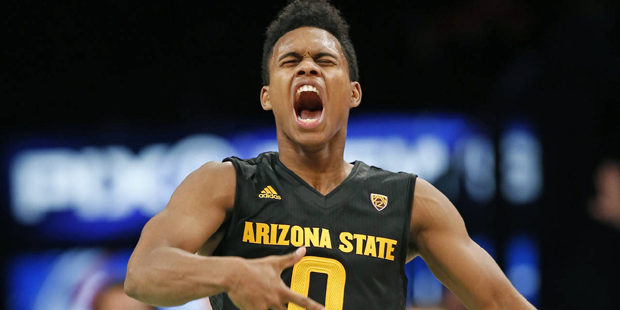 Arizona State guard Tra Holder (0) reacts after scoring against North Carolina State in the second ...