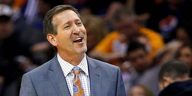 Phoenix Suns' Jeff Hornacek argues with officials during the first half of an NBA basketball game a...