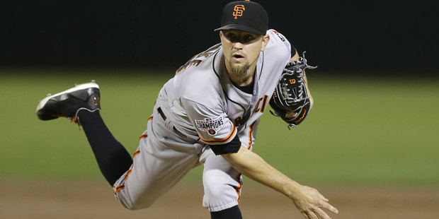 San Francisco Giants pitcher Mike Leake works against the Oakland Athletics during the first inning...