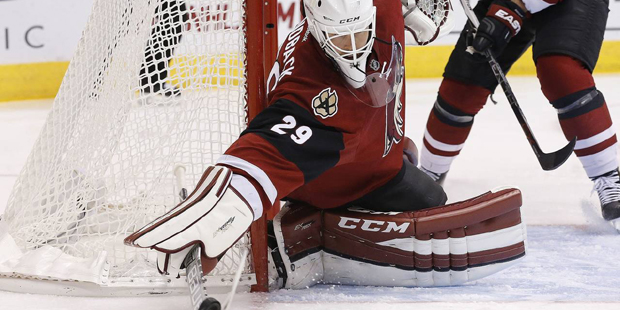 Arizona Coyotes' Anders Lindback, of Sweden, makes a save on a shot by the Carolina Hurricanes duri...