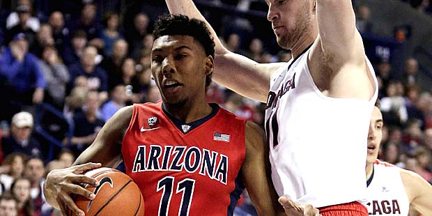 Arizona's Allonzo Trier, left, drives against Gonzaga's Domantas Sabonis during the first half of a...