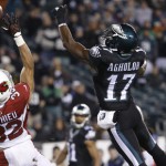 Arizona Cardinals' Tyrann Mathieu, left, breaks up a pass intended for Philadelphia Eagles' Nelson Agholor during the second half of an NFL football game, Sunday, Dec. 20, 2015, in Philadelphia. (AP Photo/Matt Rourke)