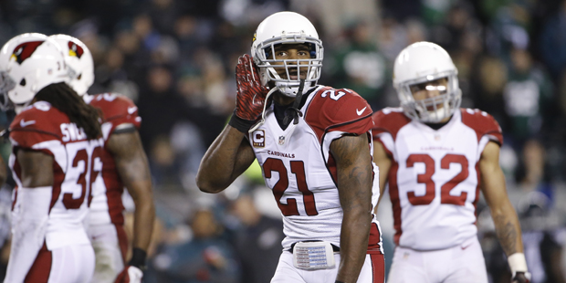 Arizona Cardinals' Patrick Peterson gestures during the second half of an NFL football game against...