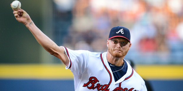 Atlanta Braves starting pitcher Shelby Miller works in the first inning of a baseball game against ...